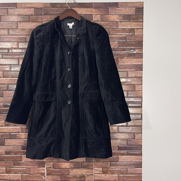 Chicos Size 0 (Small) Long Velvet Coat Black Lined Cotton Pockets - Picture 1 of 5